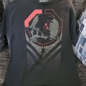 Metal Mulisha Black Tee with Red and Gray Skull Helmet Graphic